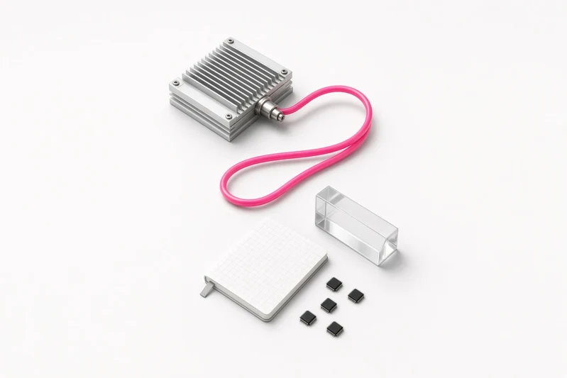 A small laboratory workbench rendered in silver, glass and a pink cable